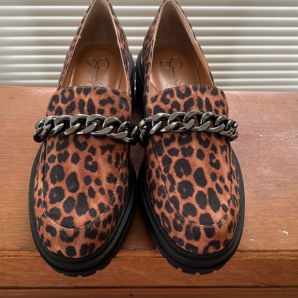 Jessica Simpson Disila Leopard Print Chain Detail Lug Sole Loafers